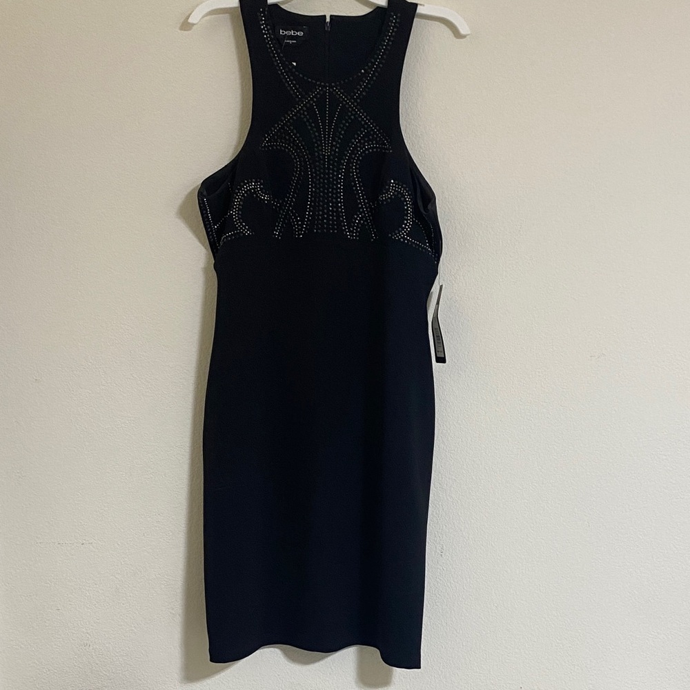 🔥 NEW WITH TAGS - NWT Bebe Silver Stud Black Raceback Embellished Dress 🔥